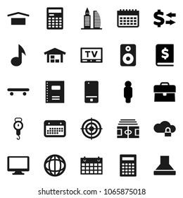 Flat vector icon set - scales vector, copybook, calculator, music, world, exchange, case, annual report, man, stadium, skateboard, target, calendar, dry cargo, tv, mobile phone, monitor, speaker