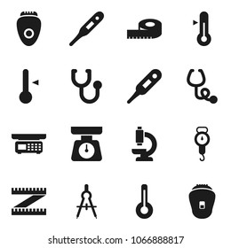 Flat vector icon set - scales vector, thermometer, drawing compass, measuring, stethoscope, microscope, store, epilator