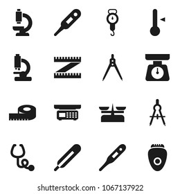 Flat vector icon set - scales vector, thermometer, drawing compass, measuring, stethoscope, microscope, store, epilator