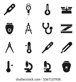 Flat vector icon set - scales vector, thermometer, drawing compass, measuring, stethoscope, microscope, store, epilator