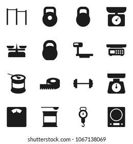 Flat vector icon set - scales vector, barbell, measuring, weight, horizontal bar, sports nutrition, big, store, kitchen