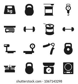 Flat vector icon set - scales vector, barbell, weight, hand trainer, sports nutrition, big, store, kitchen