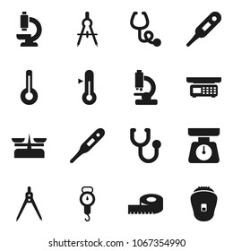 Flat vector icon set - scales vector, thermometer, drawing compass, measuring, stethoscope, microscope, store, epilator