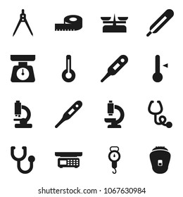 Flat vector icon set - scales vector, thermometer, drawing compass, measuring, stethoscope, microscope, store, epilator