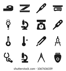Flat vector icon set - scales vector, thermometer, drawing compass, measuring, stethoscope, microscope, store, epilator