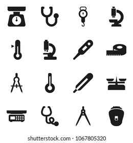 Flat vector icon set - scales vector, thermometer, drawing compass, measuring, stethoscope, microscope, store, epilator