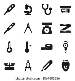 Flat vector icon set - scales vector, thermometer, drawing compass, measuring, stethoscope, microscope, store, epilator