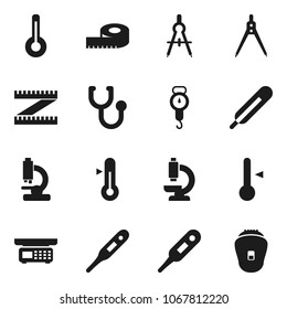 Flat vector icon set - scales vector, thermometer, drawing compass, measuring, stethoscope, microscope, store, epilator