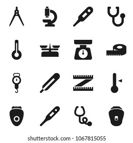Flat vector icon set - scales vector, thermometer, drawing compass, measuring, stethoscope, microscope, store, epilator