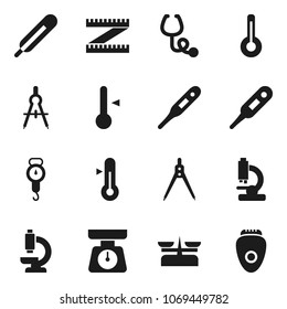 Flat vector icon set - scales vector, thermometer, drawing compass, measuring, stethoscope, microscope, store, epilator