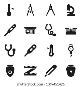 Flat vector icon set - scales vector, thermometer, drawing compass, measuring, stethoscope, microscope, store, epilator