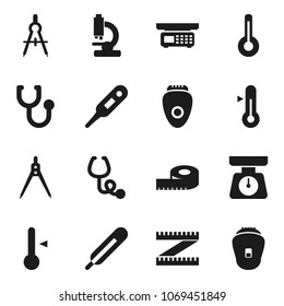Flat vector icon set - scales vector, thermometer, drawing compass, measuring, stethoscope, microscope, store, epilator
