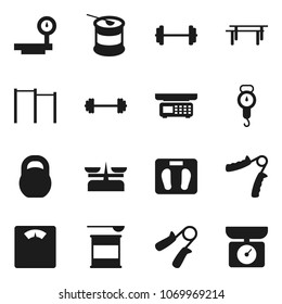 Flat vector icon set - scales vector, barbell, weight, hand trainer, horizontal bar, sports nutrition, big, store, kitchen