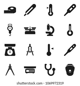Flat vector icon set - scales vector, thermometer, drawing compass, measuring, stethoscope, microscope, store, epilator