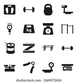 Flat vector icon set - scales vector, barbell, measuring, weight, hand trainer, horizontal bar, sports nutrition, big, store