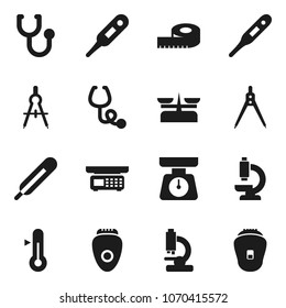 Flat vector icon set - scales vector, thermometer, drawing compass, measuring, stethoscope, microscope, store, epilator