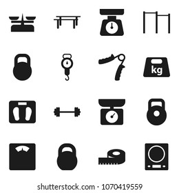 Flat vector icon set - scales vector, barbell, measuring, weight, hand trainer, horizontal bar, store, kitchen