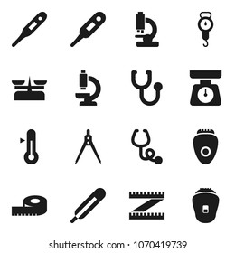 Flat vector icon set - scales vector, thermometer, drawing compass, measuring, stethoscope, microscope, store, epilator