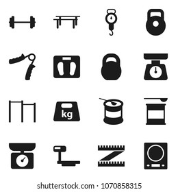 Flat vector icon set - scales vector, barbell, measuring, weight, hand trainer, horizontal bar, sports nutrition, big, kitchen