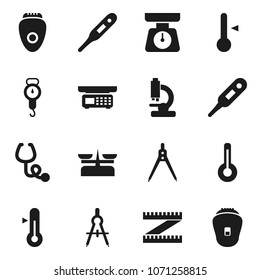 Flat vector icon set - scales vector, thermometer, drawing compass, measuring, stethoscope, microscope, store, epilator