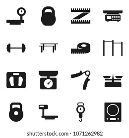 Flat vector icon set - scales vector, barbell, measuring, weight, hand trainer, horizontal bar, big, store, kitchen