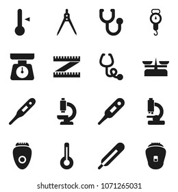 Flat vector icon set - scales vector, thermometer, drawing compass, measuring, stethoscope, microscope, store, epilator