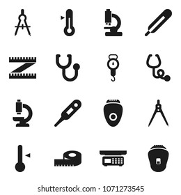 Flat vector icon set - scales vector, thermometer, drawing compass, measuring, stethoscope, microscope, store, epilator