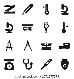 Flat vector icon set - scales vector, thermometer, drawing compass, measuring, stethoscope, microscope, store, epilator