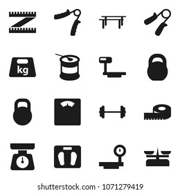 Flat vector icon set - scales vector, barbell, measuring, weight, hand trainer, horizontal bar, sports nutrition, big, store