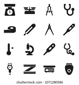 Flat vector icon set - scales vector, thermometer, drawing compass, measuring, stethoscope, microscope, store, epilator