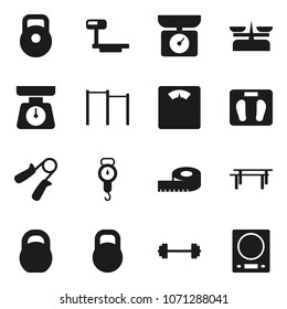 Flat vector icon set - scales vector, barbell, measuring, weight, hand trainer, horizontal bar, big, store, kitchen