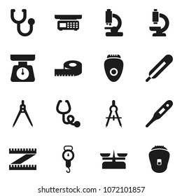 Flat vector icon set - scales vector, drawing compass, measuring, thermometer, stethoscope, microscope, store, epilator