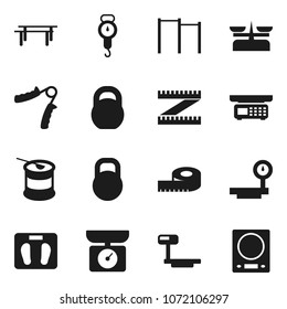 Flat vector icon set - scales vector, measuring, weight, hand trainer, horizontal bar, sports nutrition, big, store, kitchen