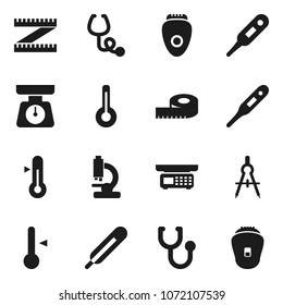 Flat vector icon set - scales vector, thermometer, drawing compass, measuring, stethoscope, microscope, store, epilator