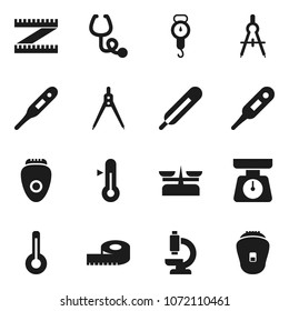 Flat vector icon set - scales vector, thermometer, drawing compass, measuring, stethoscope, microscope, store, epilator