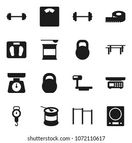 Flat vector icon set - scales vector, barbell, measuring, weight, horizontal bar, sports nutrition, big, store, kitchen