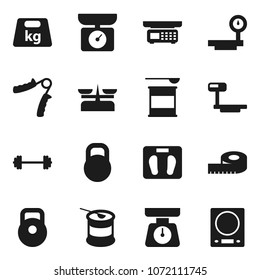 Flat vector icon set - scales vector, barbell, measuring, weight, hand trainer, sports nutrition, big, store, kitchen