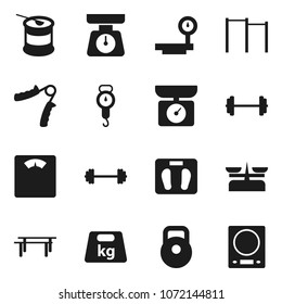 Flat vector icon set - scales vector, barbell, weight, hand trainer, horizontal bar, sports nutrition, big, store, kitchen