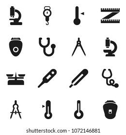 Flat vector icon set - scales vector, thermometer, drawing compass, measuring, stethoscope, microscope, store, epilator