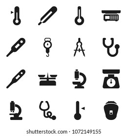 Flat vector icon set - scales vector, thermometer, drawing compass, stethoscope, microscope, store, epilator