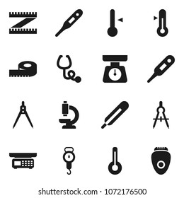 Flat vector icon set - scales vector, thermometer, drawing compass, measuring, stethoscope, microscope, store, epilator