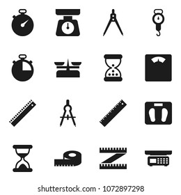 Flat vector icon set - scales vector, ruler, drawing compass, measuring, stopwatch, sand clock, store