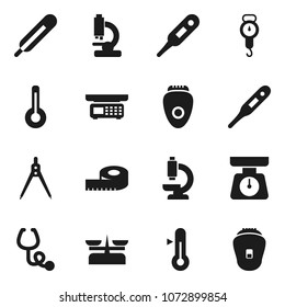 Flat vector icon set - scales vector, thermometer, drawing compass, measuring, stethoscope, microscope, store, epilator