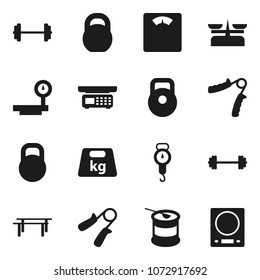 Flat vector icon set - scales vector, barbell, weight, hand trainer, horizontal bar, sports nutrition, big, store, kitchen