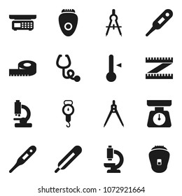 Flat vector icon set - scales vector, thermometer, drawing compass, measuring, stethoscope, microscope, store, epilator