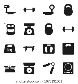 Flat vector icon set - scales vector, barbell, weight, hand trainer, horizontal bar, sports nutrition, big, store, kitchen