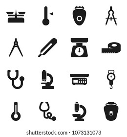 Flat vector icon set - scales vector, thermometer, drawing compass, measuring, stethoscope, microscope, store, epilator