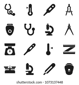 Flat vector icon set - scales vector, thermometer, drawing compass, measuring, stethoscope, microscope, store, epilator