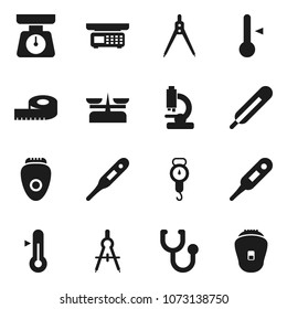 Flat vector icon set - scales vector, thermometer, drawing compass, measuring, stethoscope, microscope, store, epilator
