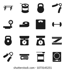 Flat vector icon set - scales vector, barbell, measuring, weight, hand trainer, horizontal bar, sports nutrition, big, store, kitchen
